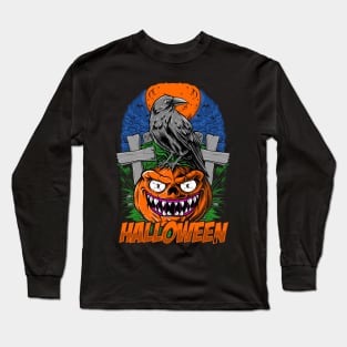 crow and halloween pumpkin head illustration Long Sleeve T-Shirt